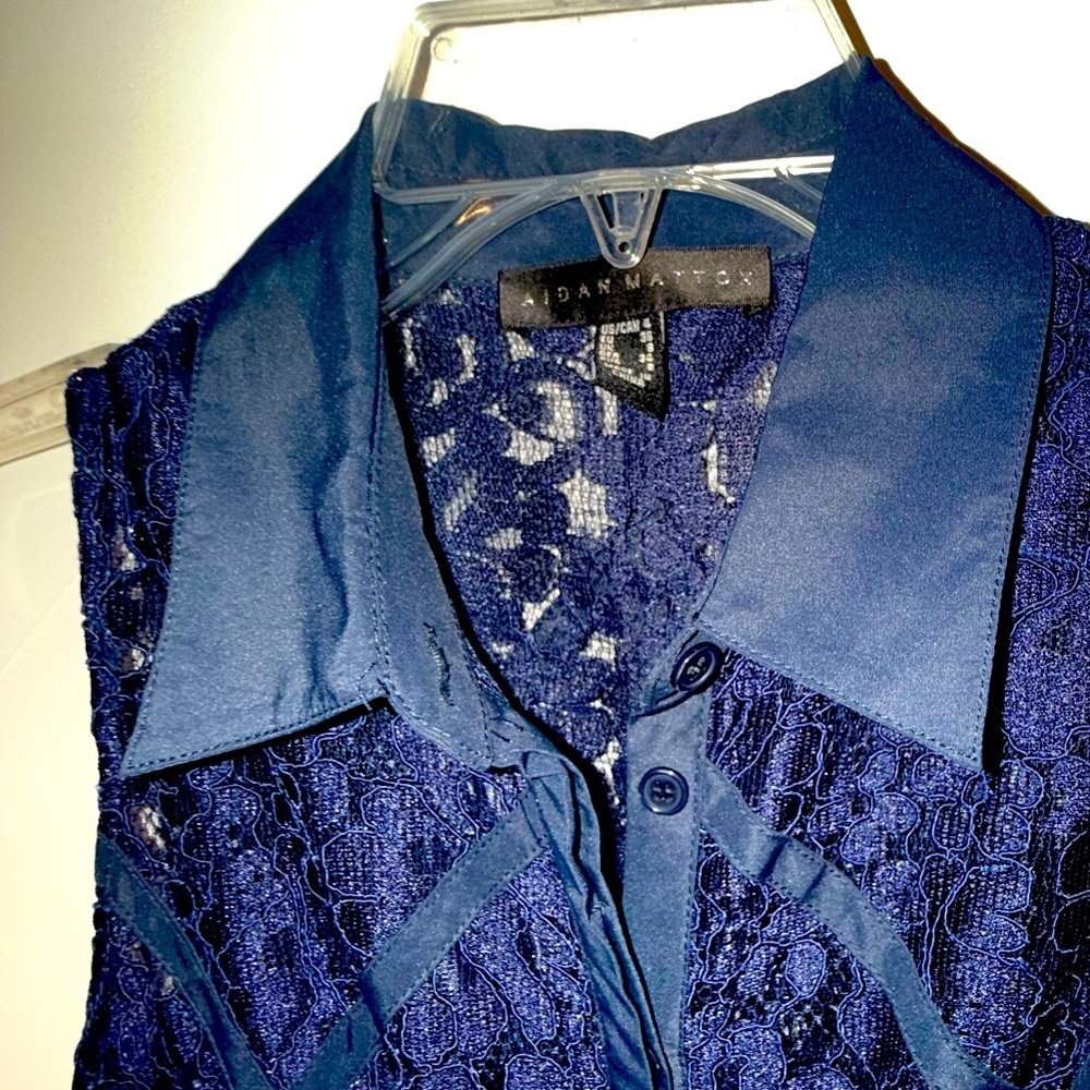 Aidan Mattox sz 4 twilight blue floor length lace gown dress buttons collar $700 - Picture 6 of 16